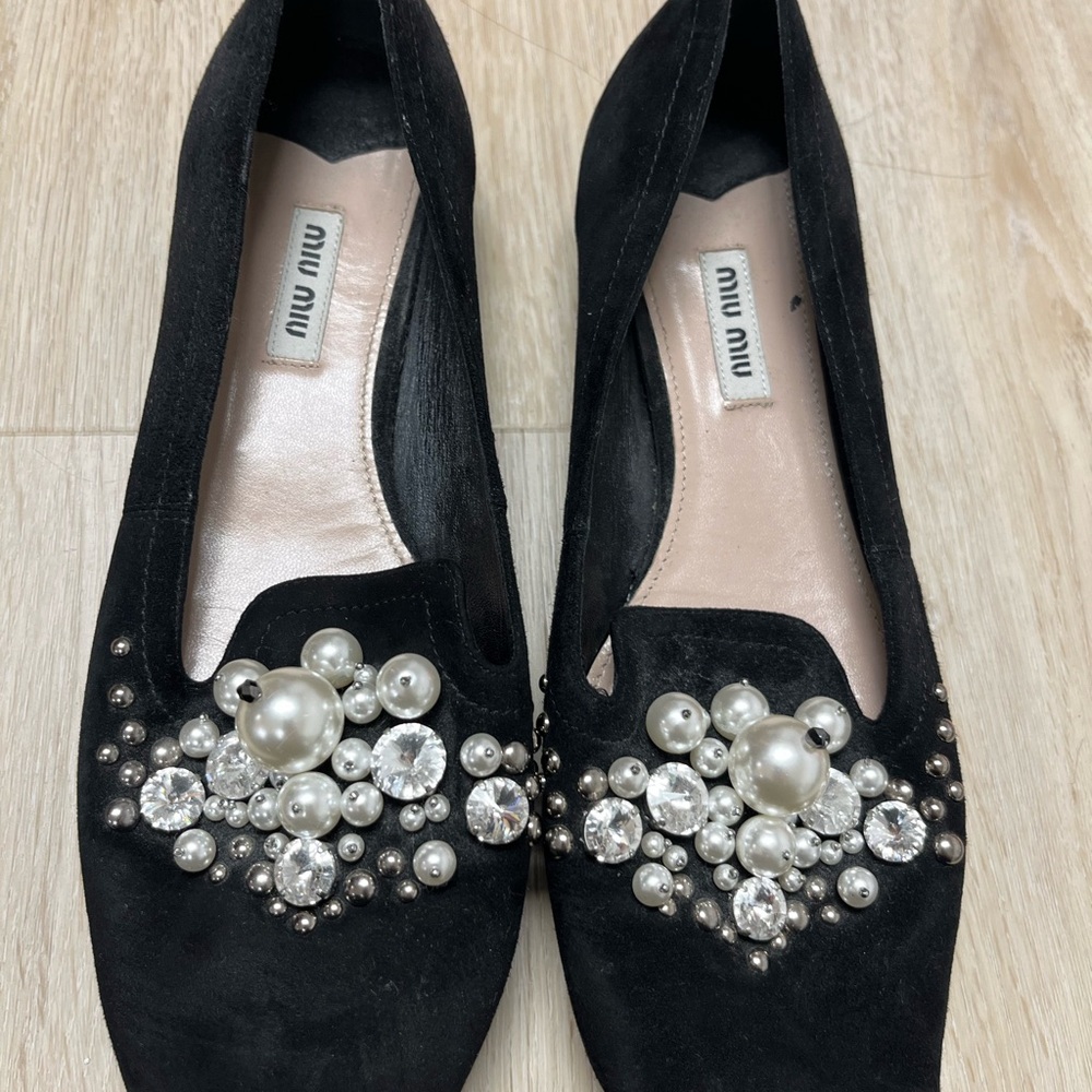 Miu Miu Black Flats with Pearl Embellishments